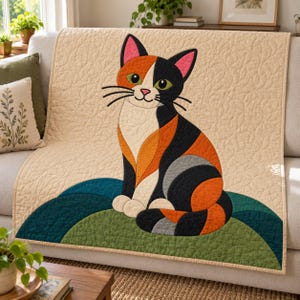 Calico Cat Quilt Pattern, Applique & Collage Quilt, Cat Quilt Pattern PDF, Patchwork Wall Hanging, Folk Art Quilt Template image 10
