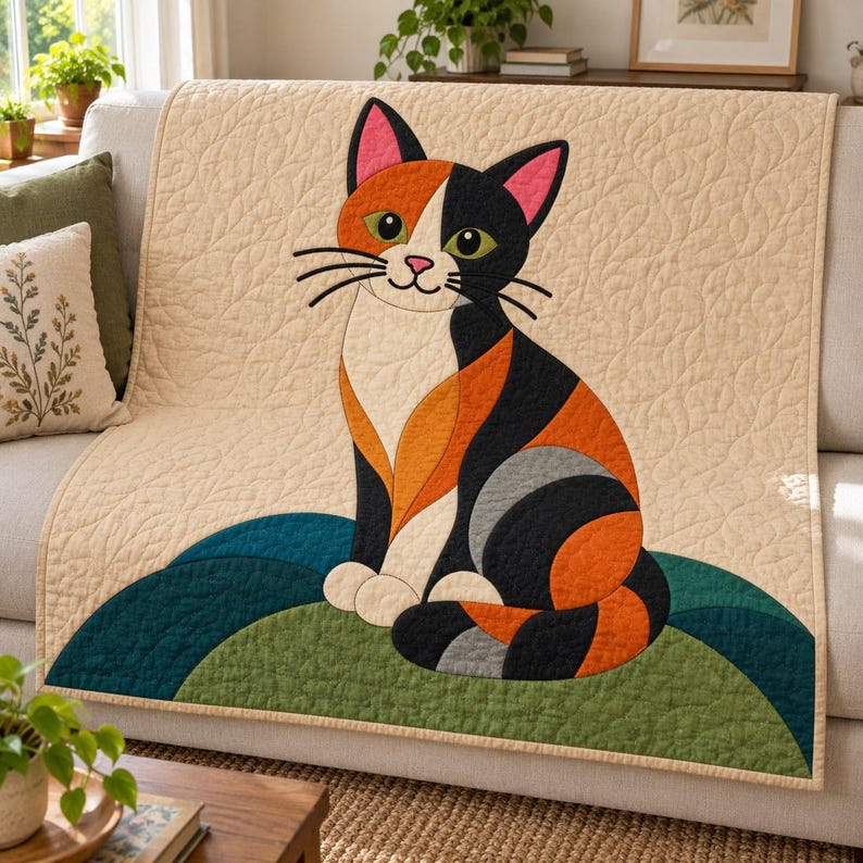 Calico Cat Quilt Pattern, Applique & Collage Quilt, Cat Quilt Pattern PDF, Patchwork Wall Hanging, Folk Art Quilt Template image 10