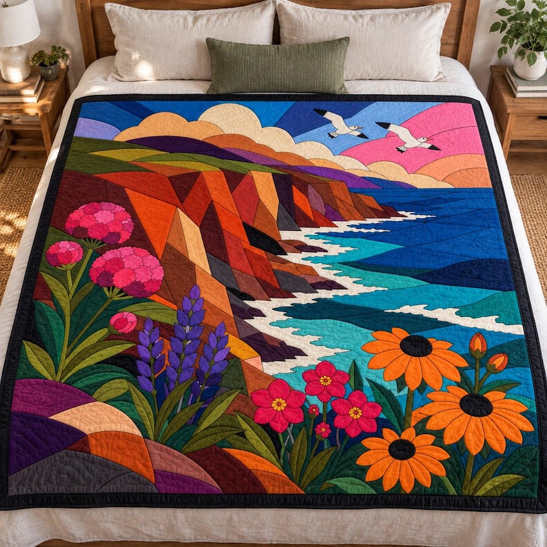 Quiltmuster „Wildblumen an Küstenklippen“, Applikations- und Collage-Quilt, Landschafts-Quiltmuster (PDF), Applikation mit offener Kante zum Aufbügeln Bild 2