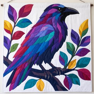 Modèle de courtepointe Corbeau, Appliqué thermocollant à bords francs (PDF), Modèle de courtepointe Oiseau, Décoration murale patchwork, Gabarit de courtepointe animal d'art populaire image 11