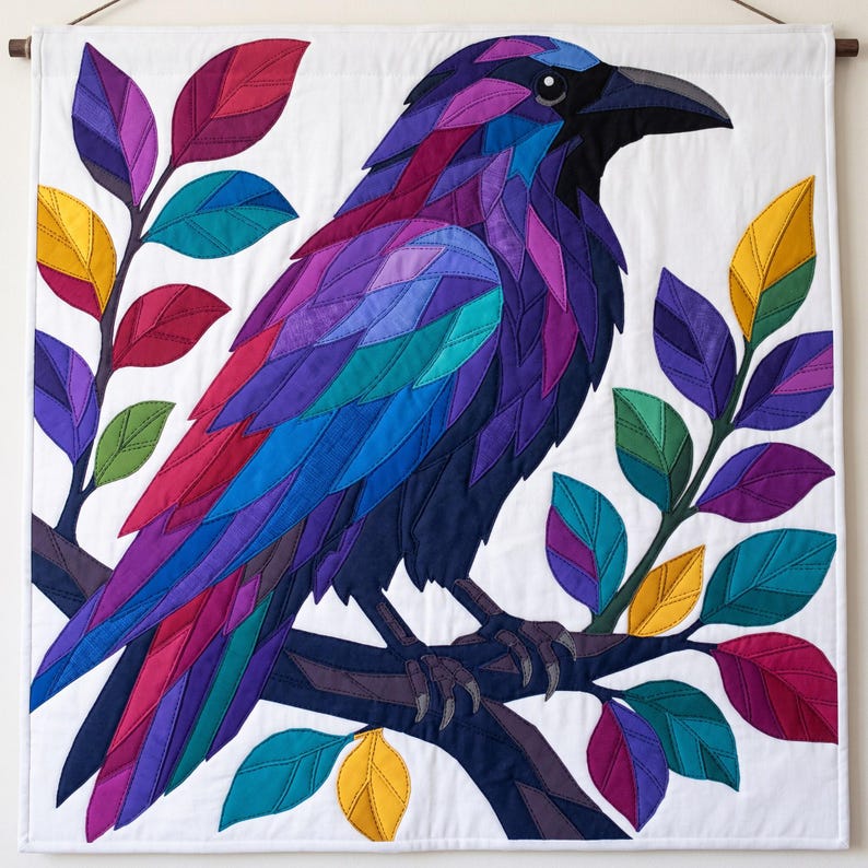 Modèle de courtepointe Corbeau, Appliqué thermocollant à bords francs (PDF), Modèle de courtepointe Oiseau, Décoration murale patchwork, Gabarit de courtepointe animal d'art populaire image 11
