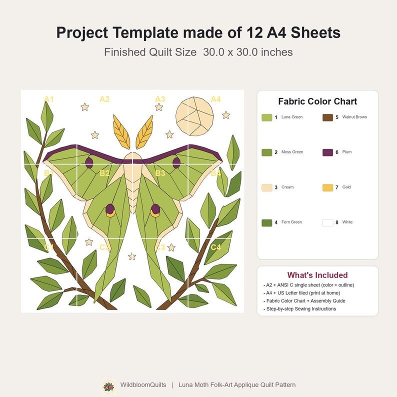 Luna Moth Quilt Pattern, Moth Wall Hanging Quilt Pattern PDF, Applique Quilt Pattern, Raw Edge Fusible Applique image 12