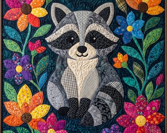Patrón de colcha de mapache, aplique termoadhesivo con borde sin rematar, patrón de colcha de animales en PDF, tapiz de patchwork, plantilla de colcha de arte popular