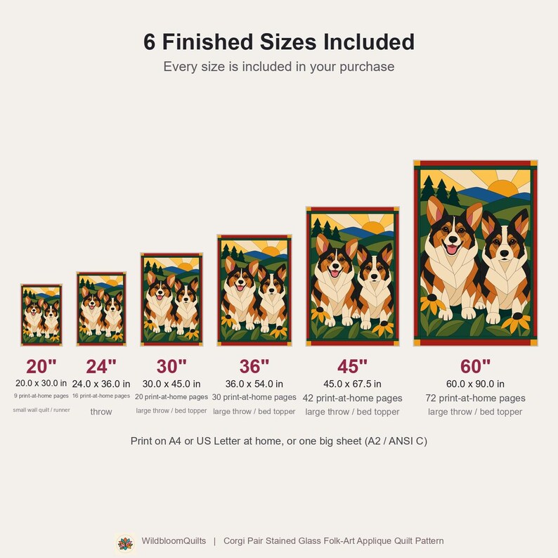 Corgi Pair Quilt Pattern, Applique & Collage Dog Quilt, Animal Quilt Pattern PDF, Patchwork Wall Hanging, Folk Art Quilt Template image 13