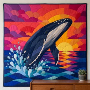 Humpback Whale Quilt Pattern, Raw Edge Fusible Applique PDF, Ocean Animal Quilt Pattern, Patchwork Wall Hanging, Folk Art Quilt Template image 5