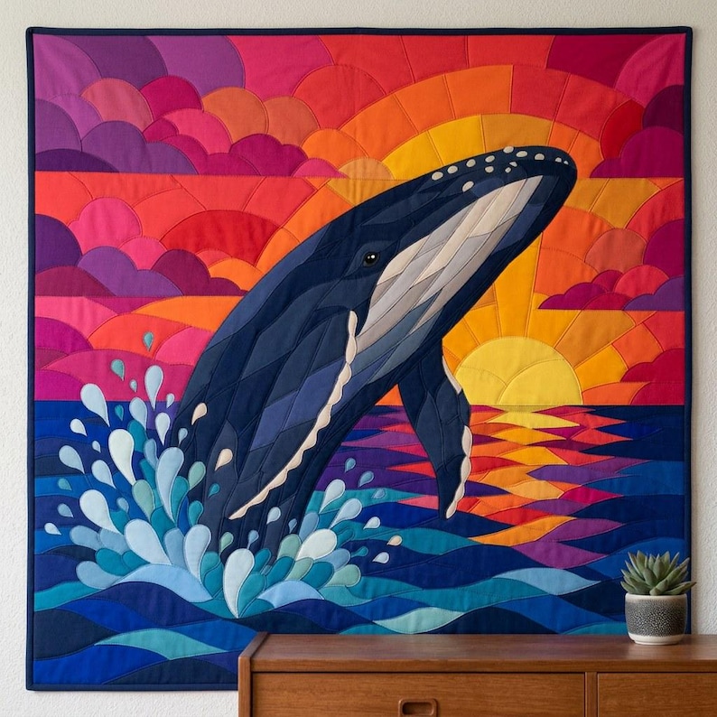 Humpback Whale Quilt Pattern, Raw Edge Fusible Applique PDF, Ocean Animal Quilt Pattern, Patchwork Wall Hanging, Folk Art Quilt Template image 5