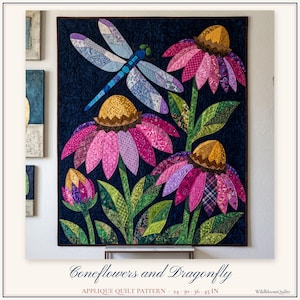 Dragonfly Coneflower Quilt Pattern, Applique & Collage Quilt PDF, Floral Animal Quilt Pattern, Raw Edge Fusible Applique