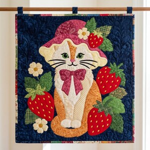 Strawberry Cat Quilt Pattern, Raw Edge Fusible Applique, Cat Quilt Pattern PDF, Patchwork Wall Hanging, Folk Art Quilt Template image 4
