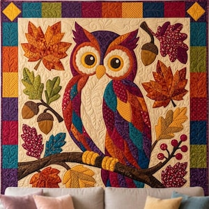 Herfstuil quiltpatroon, rafelige rand applicatie met strijkapplicatie, dieren quiltpatroon PDF, patchwork wandkleed, volkskunst herfst quilt sjabloon afbeelding 7