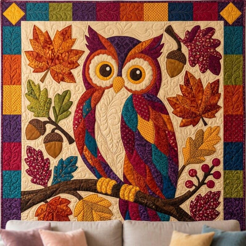 Herfstuil quiltpatroon, rafelige rand applicatie met strijkapplicatie, dieren quiltpatroon PDF, patchwork wandkleed, volkskunst herfst quilt sjabloon afbeelding 7