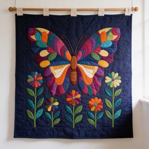 Butterfly Garden Quilt Pattern, Raw Edge Fusible Applique PDF, Folk Art Animal Quilt, Patchwork Wall Hanging Template image 9