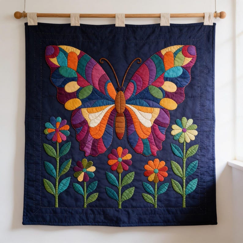 Butterfly Garden Quilt Pattern, Raw Edge Fusible Applique PDF, Folk Art Animal Quilt, Patchwork Wall Hanging Template image 9
