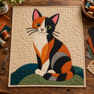 Calico Cat Quilt Pattern, Applique & Collage Quilt, Cat Quilt Pattern PDF, Patchwork Wall Hanging, Folk Art Quilt Template image 2