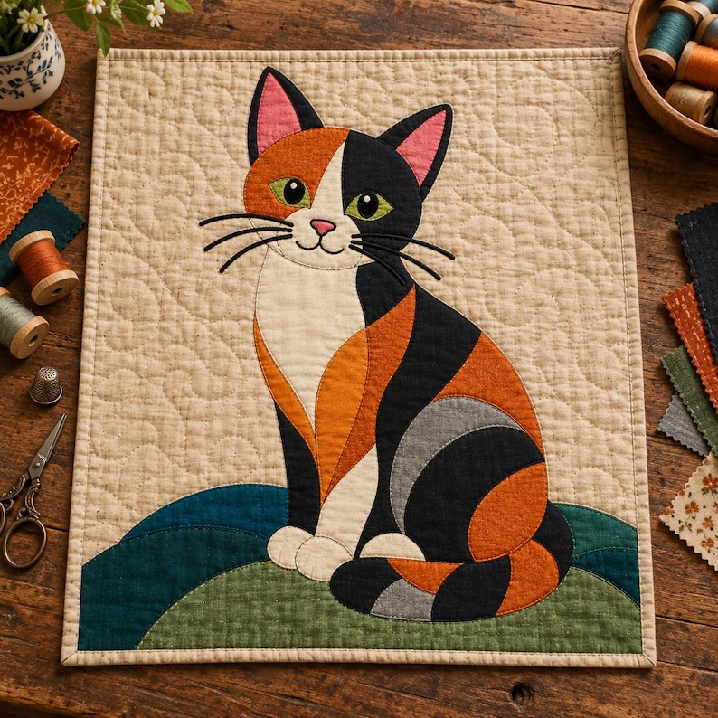 Calico Cat Quilt Pattern, Applique & Collage Quilt, Cat Quilt Pattern PDF, Patchwork Wall Hanging, Folk Art Quilt Template image 2