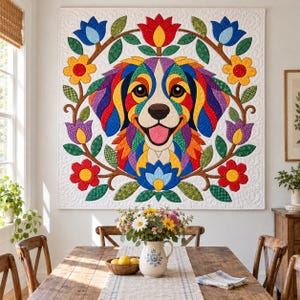 Patrón de edredón Perro Arcoíris, Edredón con apliques y collage, Patrón de edredón de animales en PDF, Tapiz de pared de patchwork, Plantilla de perro de arte popular imagen 16