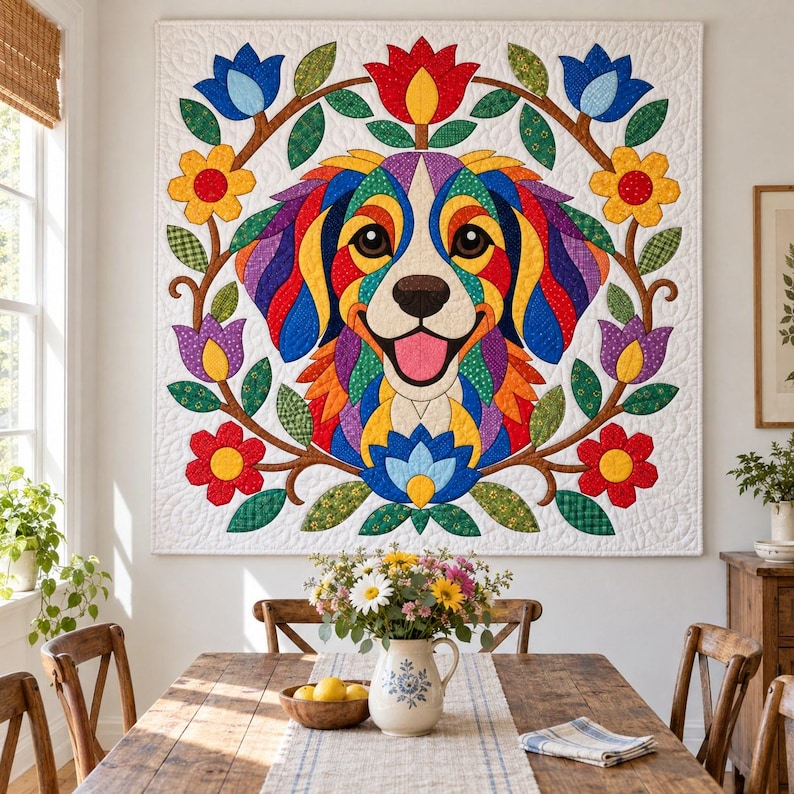 Patrón de edredón Perro Arcoíris, Edredón con apliques y collage, Patrón de edredón de animales en PDF, Tapiz de pared de patchwork, Plantilla de perro de arte popular imagen 16