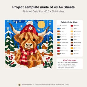 Modello per trapunta natalizia con mucca delle Highlands, trapunta con applicazioni e collage, modello PDF per trapunta con animali, arazzo patchwork, arte popolare immagine 5