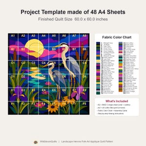 Patrón de colcha de garza, aplique termoadhesivo con borde sin rematar, patrón de colcha de pájaros en PDF, tapiz de pared de paisaje de humedal, plantilla de colcha de arte popular imagen 7