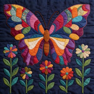 Op de afbeelding: Een gewatteerd wandkleed met een grote, veelkleurige vlinder waarvan de vleugels zijn samengesteld uit diverse stoffen met patronen en effen kleuren in oranje, paars, blauw, geel en groen, geplaatst boven vijf kleine, kleurrijke stoffen bloemen.