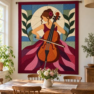 Quiltmuster für Cellisten, Applikations- und Collage-Quilt, Quiltmuster für Musikliebhaber (PDF), Patchwork-Wandbehang, Quiltvorlage im Stil der Volkskunst Bild 6