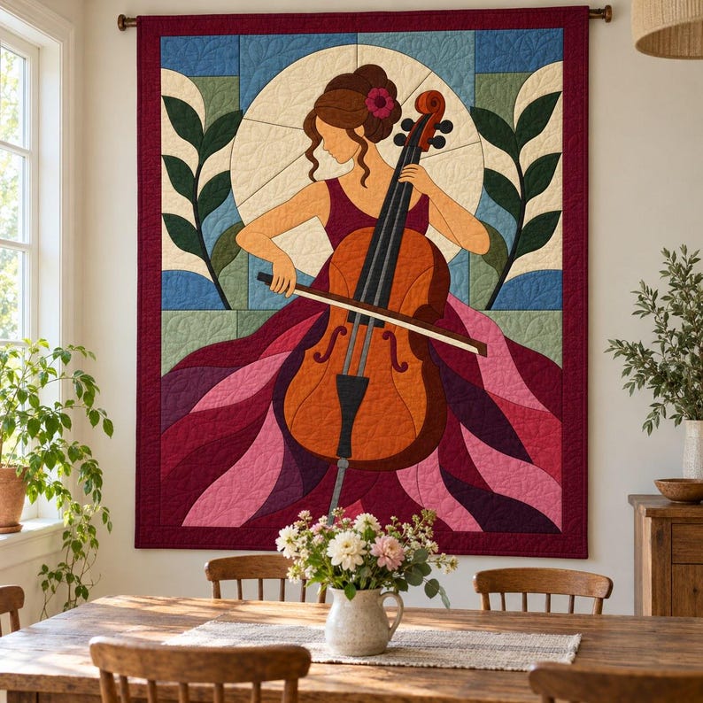 Quiltmuster für Cellisten, Applikations- und Collage-Quilt, Quiltmuster für Musikliebhaber (PDF), Patchwork-Wandbehang, Quiltvorlage im Stil der Volkskunst Bild 6