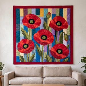 Klaprozenquiltpatroon, applicatie met rafelige rand en strijkapplicatie, bloemenquiltpatroon (PDF), patchwork wandkleed, sjabloon voor een quilt in volkskunststijl afbeelding 17