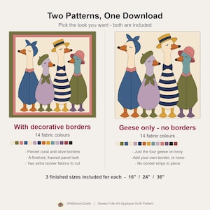 Dressed Geese Quilt Pattern, 2 Designs & 5 Sizes up to 60in, Raw Edge Fusible Applique, Animal Quilt Pattern PDF, Folk Art Geese Bed Quilt image 9