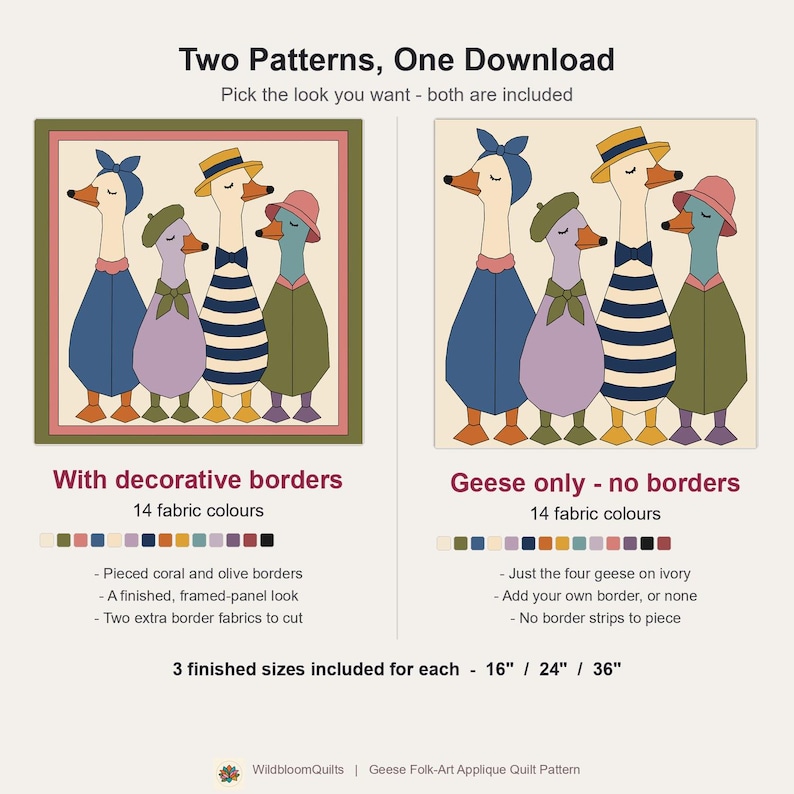 Dressed Geese Quilt Pattern, 2 Designs & 5 Sizes up to 60in, Raw Edge Fusible Applique, Animal Quilt Pattern PDF, Folk Art Geese Bed Quilt image 9