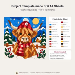 Modello per trapunta natalizia con mucca delle Highlands, trapunta con applicazioni e collage, modello PDF per trapunta con animali, arazzo patchwork, arte popolare immagine 4