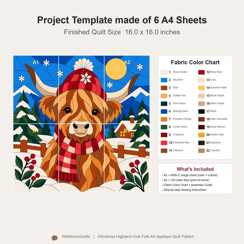 Modello per trapunta natalizia con mucca delle Highlands, trapunta con applicazioni e collage, modello PDF per trapunta con animali, arazzo patchwork, arte popolare immagine 4