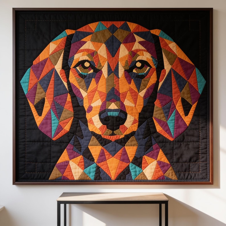 May include: A square wall hanging featuring a geometric, multi-coloured dog portrait constructed from fabric patches. The dog face is composed of triangular shapes in orange, purple, teal, and brown, set against a solid black background.