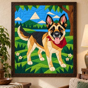 Quiltmuster für einen Deutschen Schäferhund, Applikations- und Collage-Hundequilt, Tierquiltmuster (PDF), Patchwork-Wandbehang, Quiltvorlage im Volkskunststil