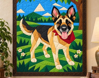 Patrón de edredón de pastor alemán, edredón de perro con apliques y collage, patrón de edredón de animales en PDF, tapiz de pared de patchwork, plantilla de edredón de arte popular