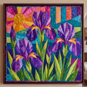 Iris Quilt Pattern, Raw Edge Fusible Applique, Flower Quilt Pattern PDF, Folk Art Wall Hanging, Patchwork Garden Quilt Template image 4