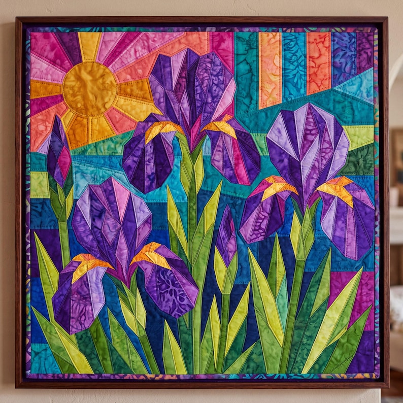 Iris Quilt Pattern, Raw Edge Fusible Applique, Flower Quilt Pattern PDF, Folk Art Wall Hanging, Patchwork Garden Quilt Template image 4