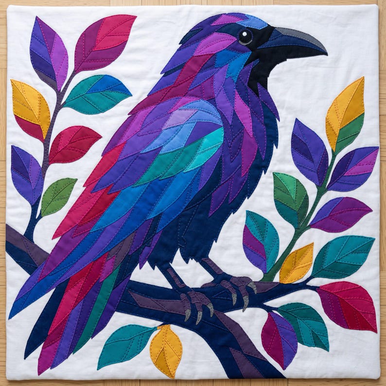 Modèle de courtepointe Corbeau, Appliqué thermocollant à bords francs (PDF), Modèle de courtepointe Oiseau, Décoration murale patchwork, Gabarit de courtepointe animal d'art populaire image 6