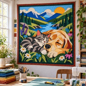 Sleeping Cat and Dog Quilt Pattern, Applique & Collage Quilt PDF, Pet Animal Quilt Pattern, Patchwork Wall Hanging, Folk Art Quilt Template image 8