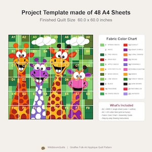 Mönster för giraffquilt, applikation med smältbara kanter i PDF-format, quiltmönster för djur, väggbonad med lapptäcke, mall för quilt med folkkonst bild 15