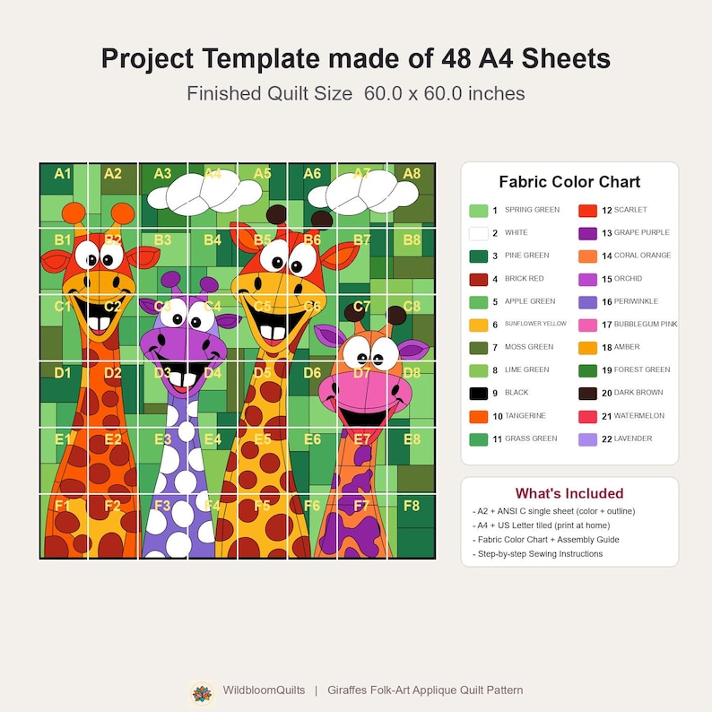Mönster för giraffquilt, applikation med smältbara kanter i PDF-format, quiltmönster för djur, väggbonad med lapptäcke, mall för quilt med folkkonst bild 15
