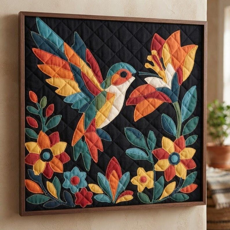 Patrón de colcha de colibrí, patrón de colcha de pared de pájaros en PDF, colcha de apliques para principiantes, aplique termoadhesivo con borde sin rematar imagen 2