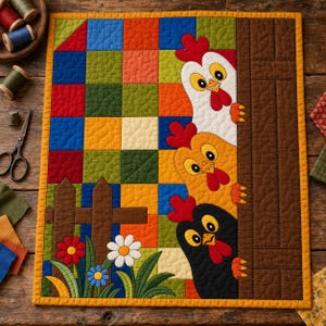 Padrão de colcha "Galinhas Espiando", aplique termocolante com borda crua, padrão de colcha de animais em PDF, tapeçaria de parede em patchwork, colcha de fazenda em estilo folk. imagem 2