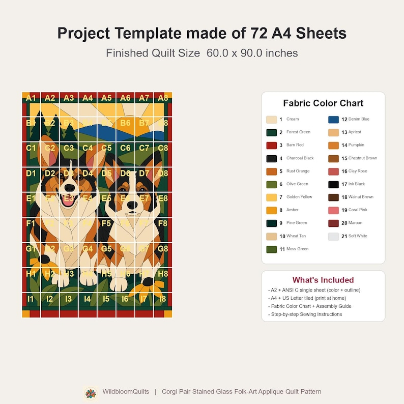 Corgi Pair Quilt Pattern, Applique & Collage Dog Quilt, Animal Quilt Pattern PDF, Patchwork Wall Hanging, Folk Art Quilt Template image 18