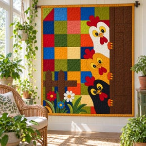 Padrão de colcha "Galinhas Espiando", aplique termocolante com borda crua, padrão de colcha de animais em PDF, tapeçaria de parede em patchwork, colcha de fazenda em estilo folk. imagem 7