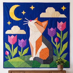 Cat Quilt Pattern, Cat Wall Hanging Quilt Pattern PDF, Easy Applique Quilt for Beginners, Folk Art Cat Lover Gift, Raw Edge Fusible Applique image 19