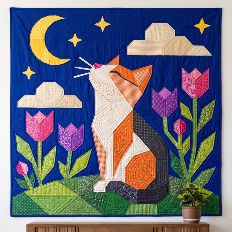 Cat Quilt Pattern, Cat Wall Hanging Quilt Pattern PDF, Easy Applique Quilt for Beginners, Folk Art Cat Lover Gift, Raw Edge Fusible Applique image 19
