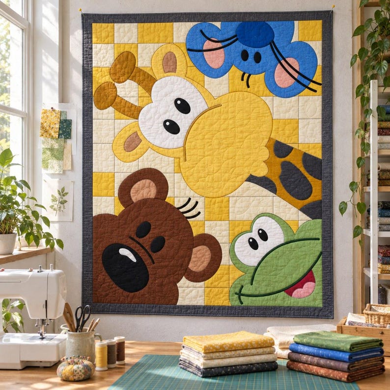 Mönster för quilt med kikande djurungar, applikations- och collagequilt i PDF-format, mönster för barnquilt med djurmotiv, väggbonad med lapptäcke för barnrum, quilt med folkkonst bild 8