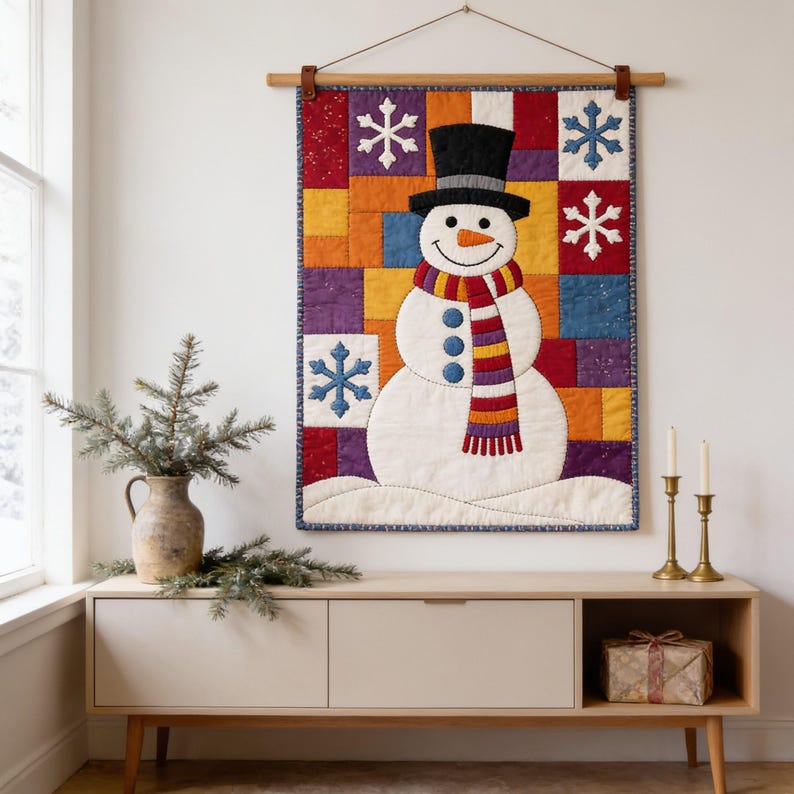 Snowman Quilt Pattern, Raw Edge Fusible Applique, Christmas Quilt Pattern PDF, Patchwork Wall Hanging, Folk Art Winter Template image 4