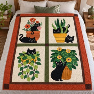 Black Cat Quilt Pattern, Applique & Collage Quilt, Houseplant Cat Quilt PDF, Patchwork Wall Hanging, Folk Art Animal Quilt Template image 12