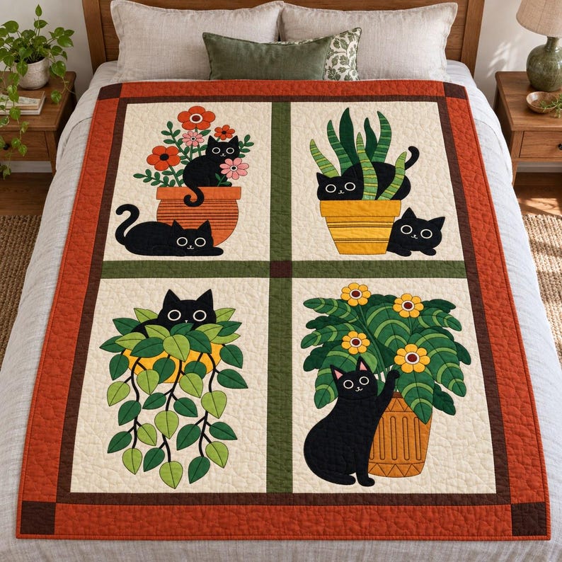 Black Cat Quilt Pattern, Applique & Collage Quilt, Houseplant Cat Quilt PDF, Patchwork Wall Hanging, Folk Art Animal Quilt Template image 12