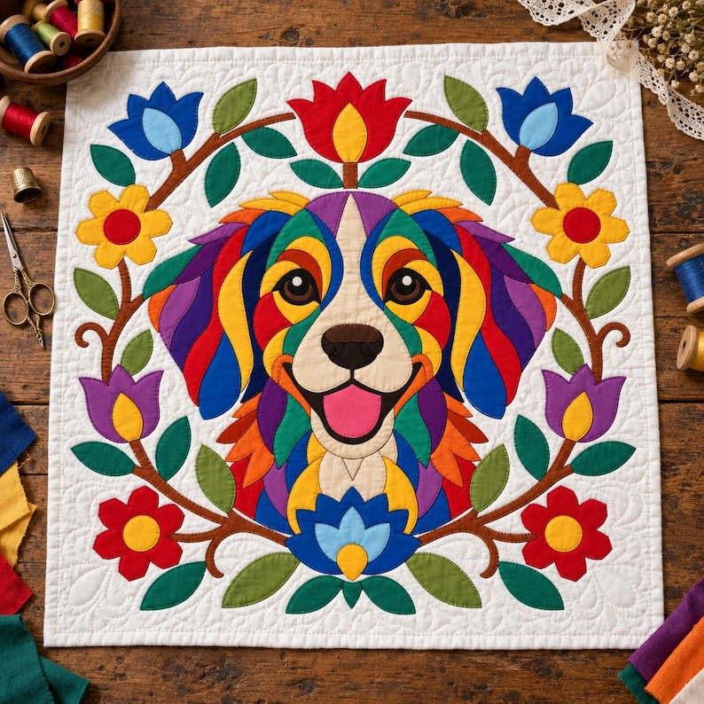 Patrón de edredón Perro Arcoíris, Edredón con apliques y collage, Patrón de edredón de animales en PDF, Tapiz de pared de patchwork, Plantilla de perro de arte popular imagen 2